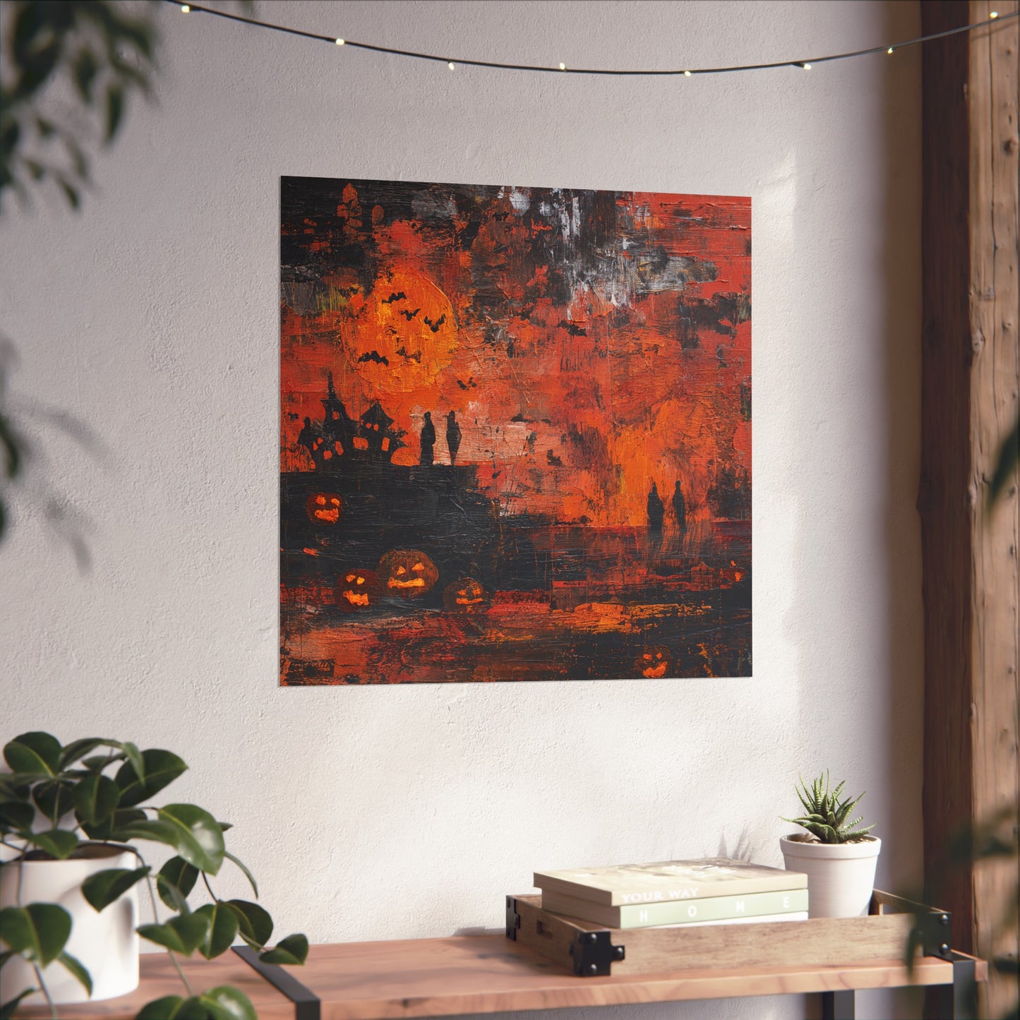 Haunted Halloween Abstract Fine Art Print – Spooky Pumpkin & Haunted House Wall Art, Gothic Autumn Decor Poster, Bats and Moon Painting