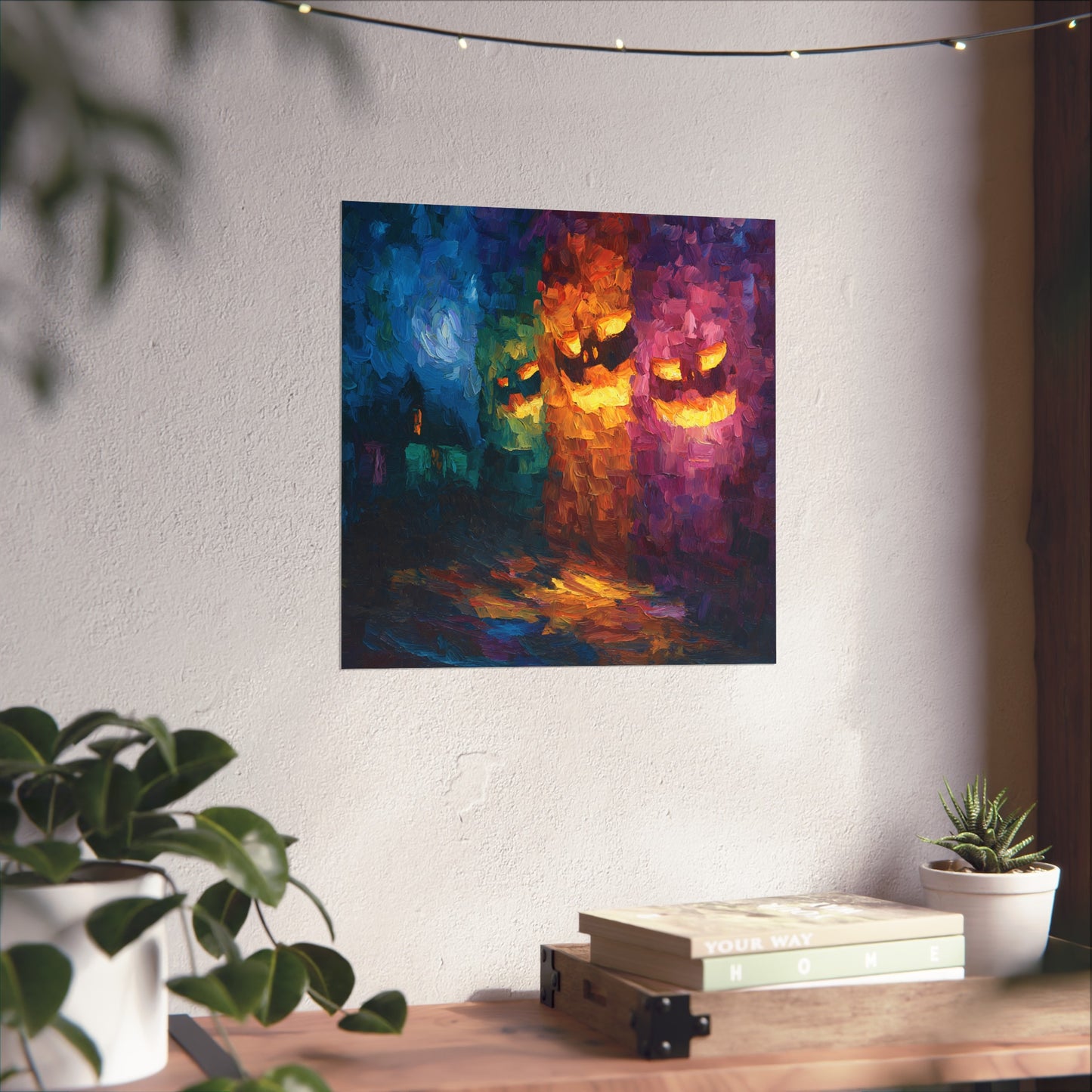 Abstract Halloween Fine Art Print – Glowing Jack-o’-Lantern Faces & Haunted House Wall Art Poster, Colorful Impressionist Decor