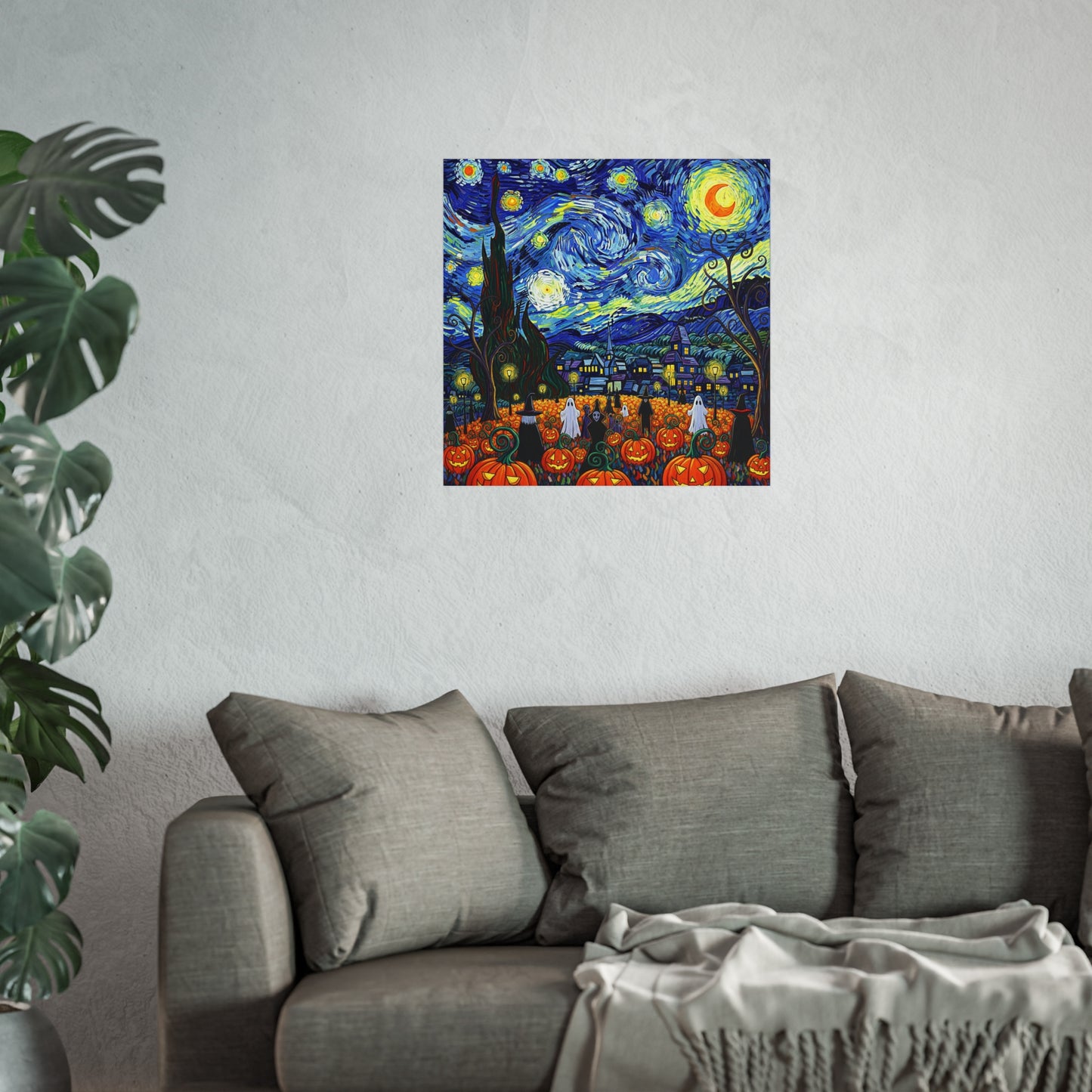 Halloween Starry Night Fine Art Print – Post-Impressionist Pumpkin Patch & Ghosts Wall Art Poster, Haunted Autumn Village Decor