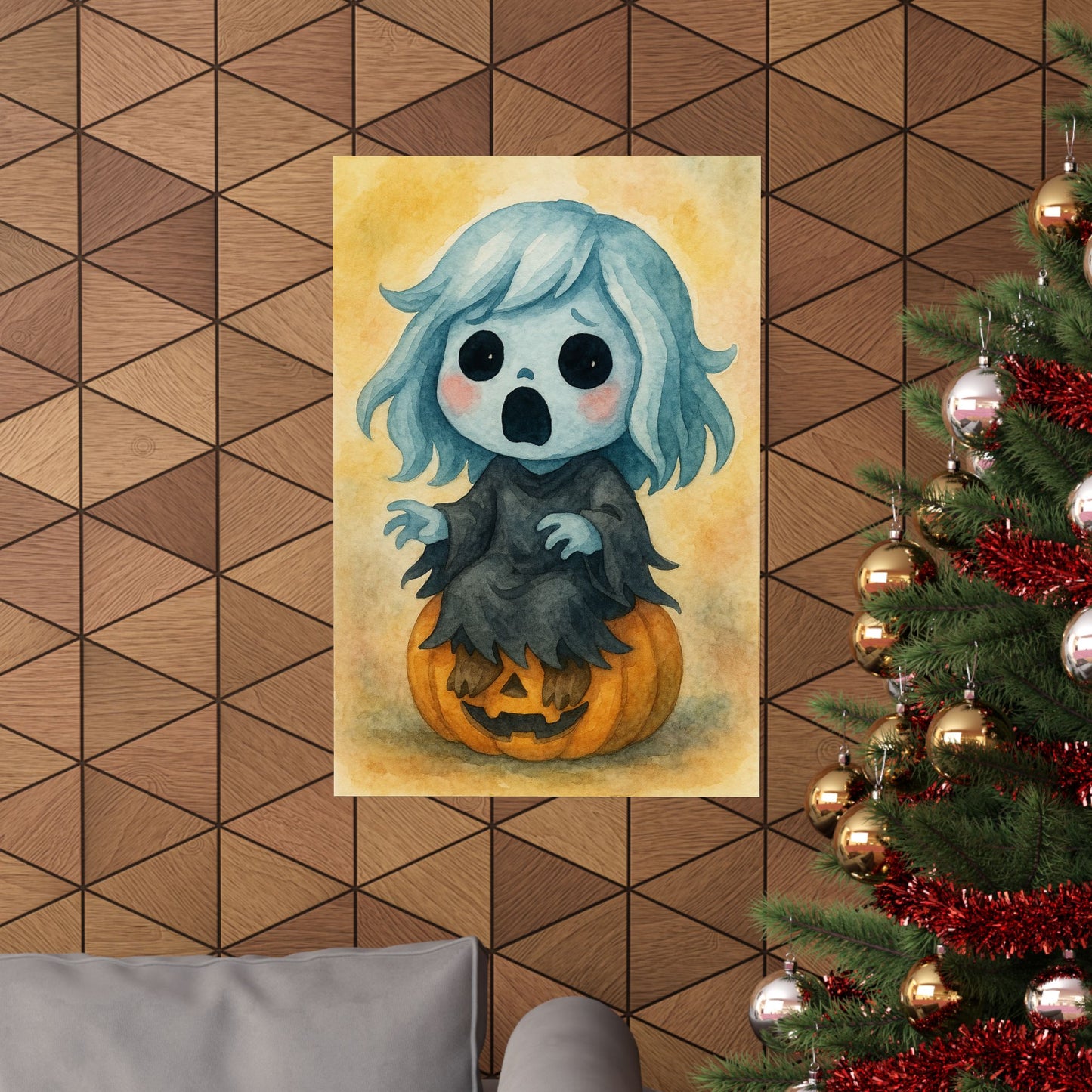 Cute Baby Banshee Monster Halloween Wall Art Poster – Watercolor Baby Monster on Pumpkin – Whimsical Holiday Decor
