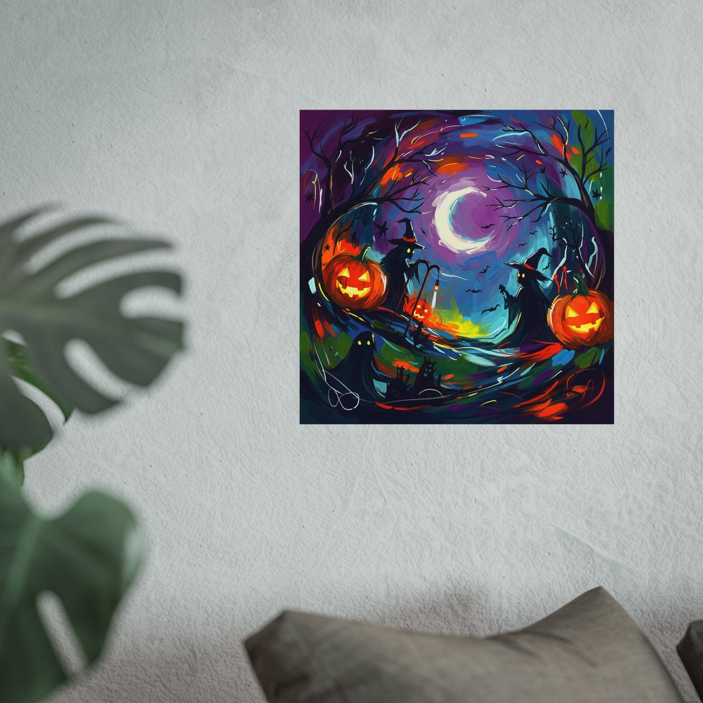Halloween Abstract Fine Art Poster – Colorful Witch, Ghost & Pumpkin Wall Décor in Painterly Style