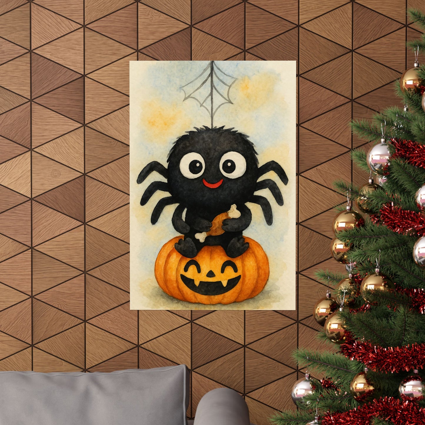 Cute Baby Black Spider Halloween Wall Art Poster – Watercolor Monster Print on Pumpkin – Whimsical Nursery & Holiday Decor