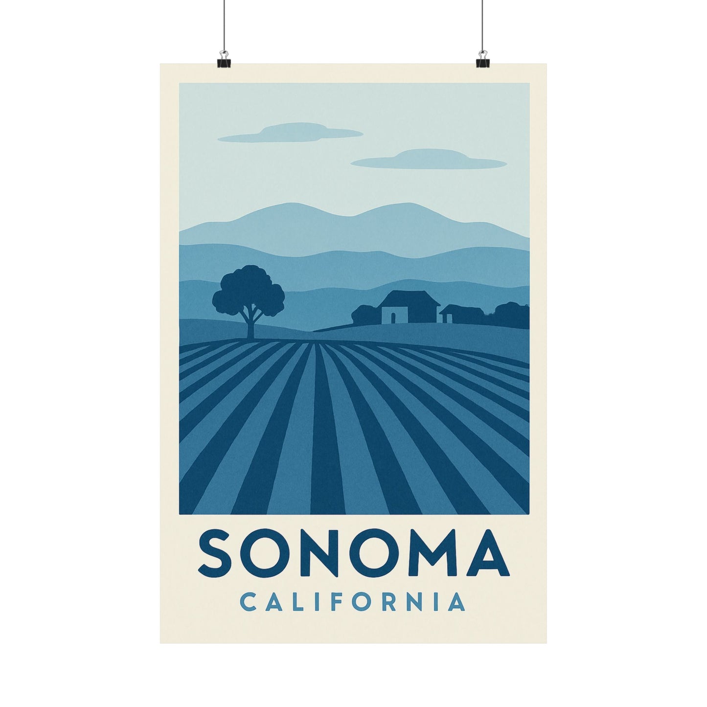 Sonoma Poster – Blue Tones - Retro Wine Country Wall Art, California Vineyard Landscape Print, Minimalist Travel Decor