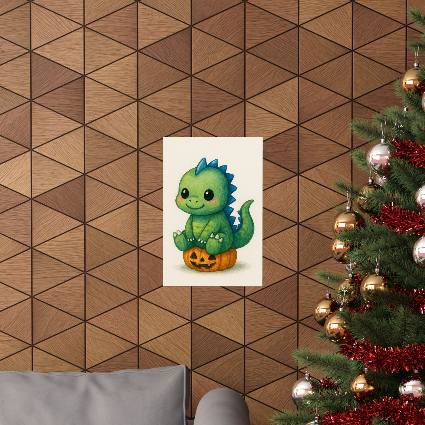 Cute Baby Dinosaur Monster Halloween Wall Art Poster – Watercolor Monster Print on Pumpkin – Whimsical Nursery & Holiday Decor