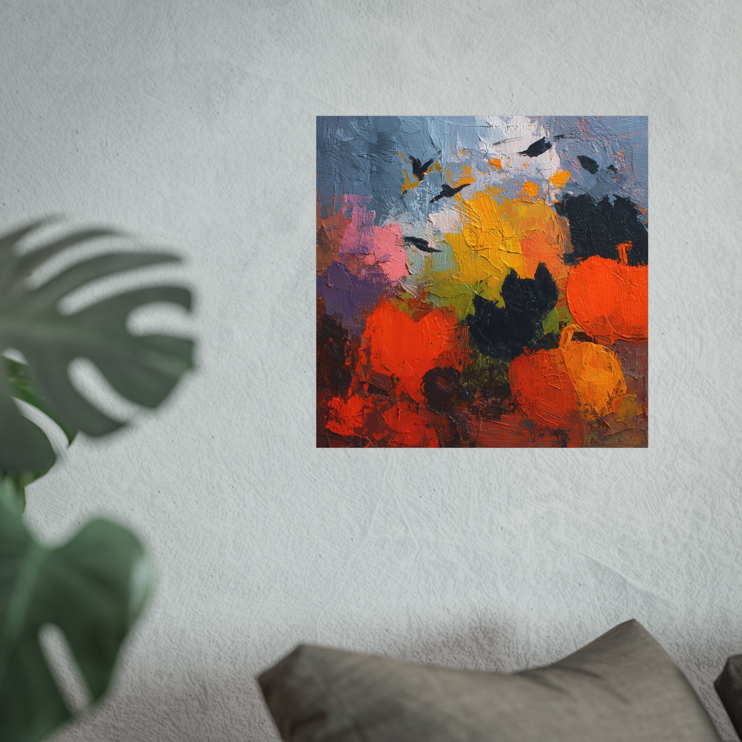 Abstract Halloween Black Cat & Pumpkin Poster – Modern Fine Art Fall Wall Décor