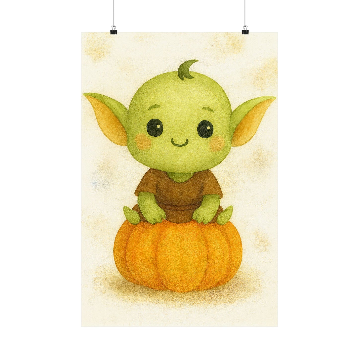 Cute Baby Goblin Monster Halloween Wall Art Poster – Watercolor Monster Print on Pumpkin – Whimsical Nursery & Holiday Decor