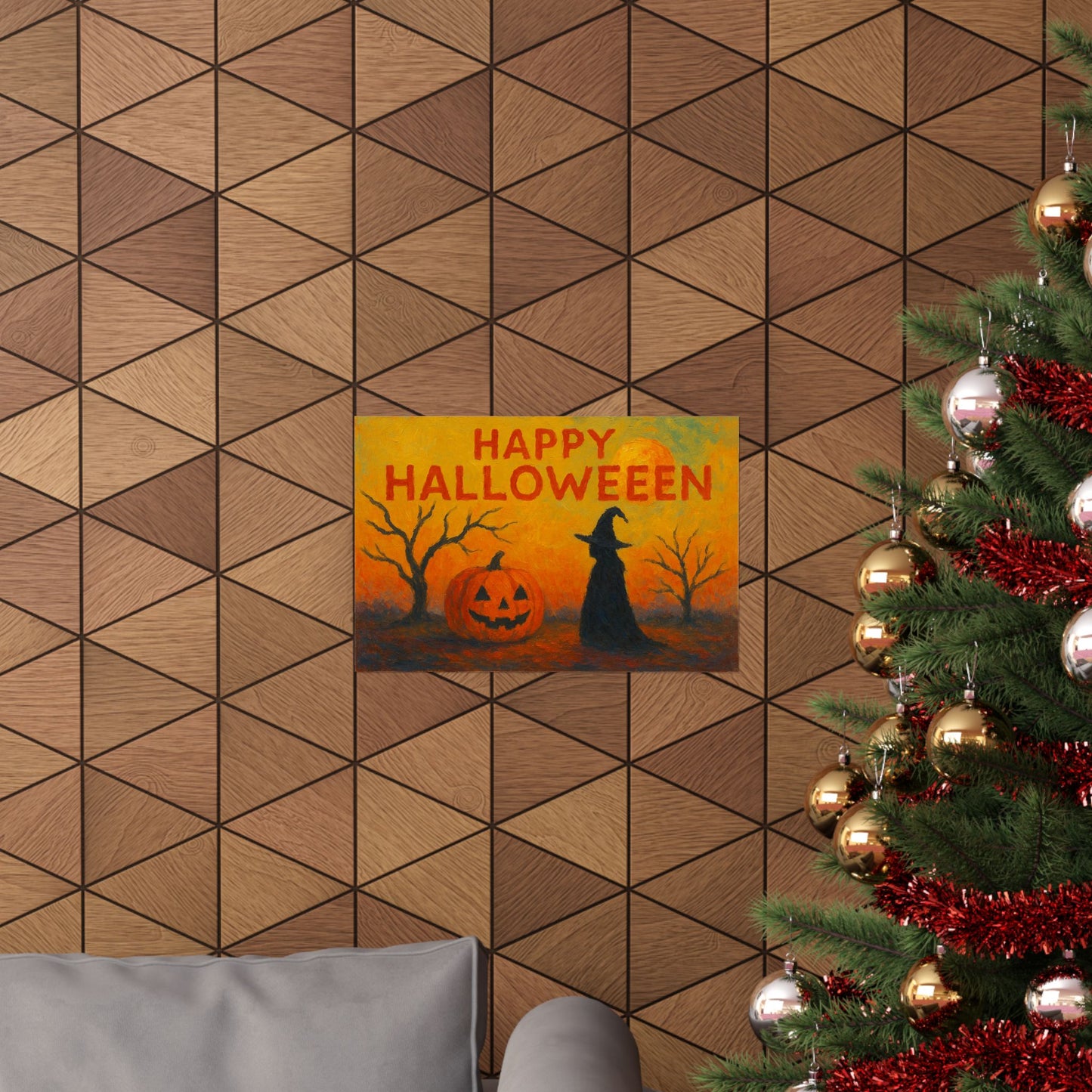 Happy Halloween Witch & Pumpkin Poster – Spooky Wall Art, Halloween Spooky Art, Autumn Home Decor