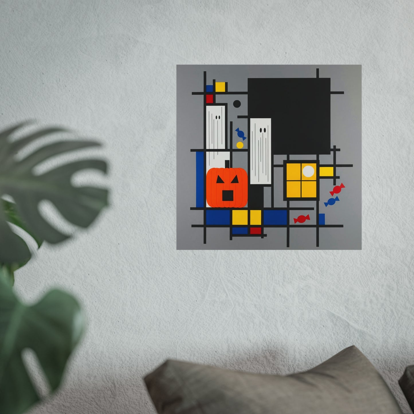 Modern Halloween Abstract Fine Art Print – Geometric Pumpkin, Ghosts & Candy Wall Art Poster, Mondrian Style Contemporary Decor