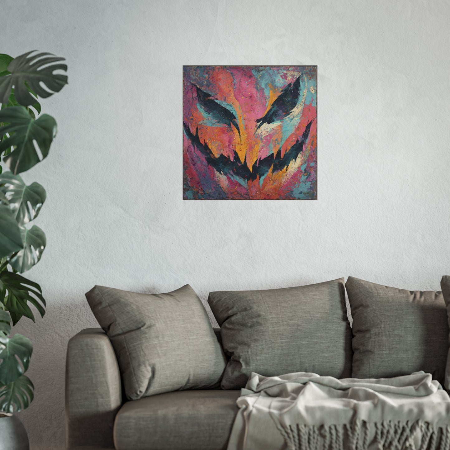 Halloween Abstract Pastel Fine Art Print – Colorful Jack-O’-Lantern Face Wall Art Poster, Spooky Modern Autumn Decor