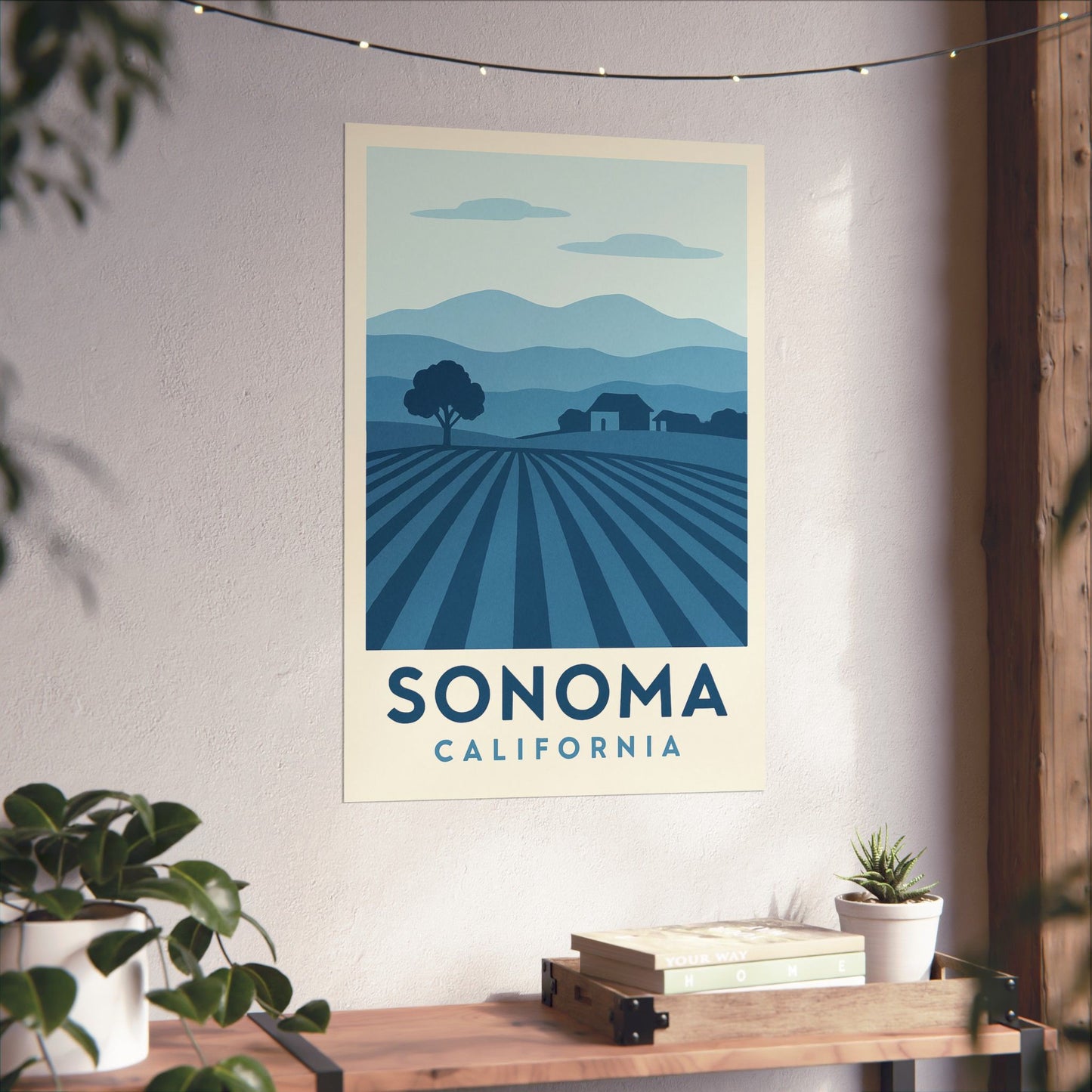 Sonoma Poster – Blue Tones - Retro Wine Country Wall Art, California Vineyard Landscape Print, Minimalist Travel Decor