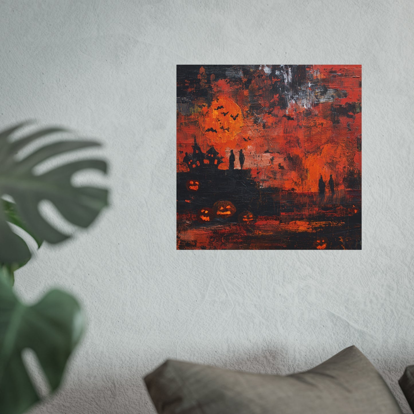 Haunted Halloween Abstract Fine Art Print – Spooky Pumpkin & Haunted House Wall Art, Gothic Autumn Decor Poster, Bats and Moon Painting