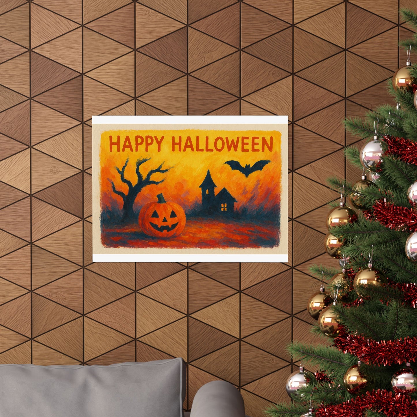 Happy Halloween Pumpkin, Bat, & Spooky House Poster – Spooky Wall Art, Halloween Spirit Decoration, Autumn Home Decor