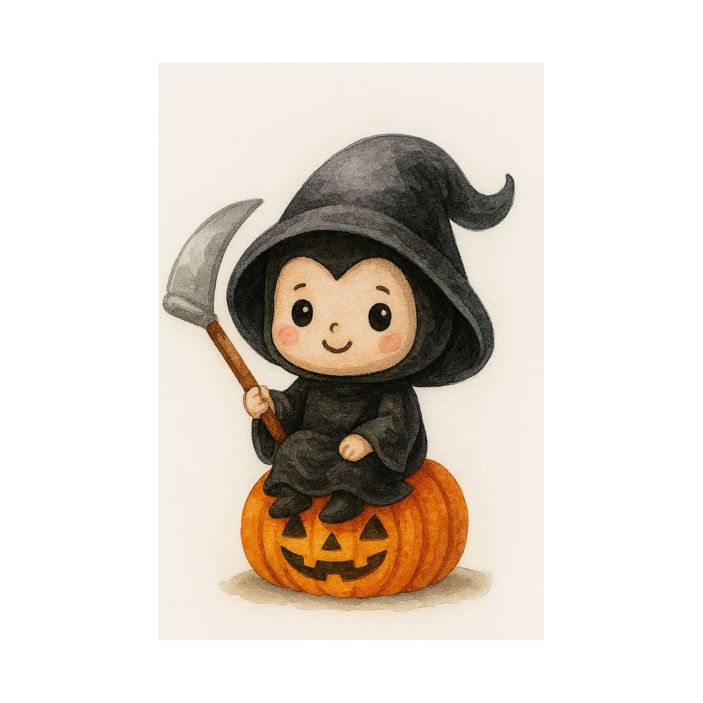 Cute Baby Grim Reaper Halloween Wall Art Poster – Watercolor Monster Print on Pumpkin – Whimsical Nursery & Holiday Decor