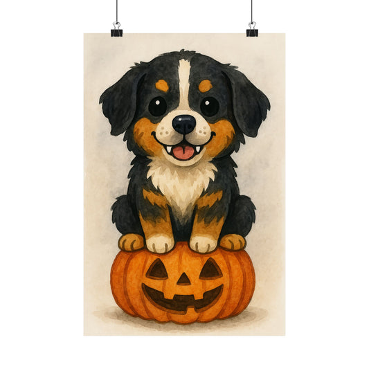 Cute Halloween Puppy Monster Print – Bernese Mountain Dog Puppy on Jack-o’-Lantern Pumpkin | Watercolor Dog Wall Art for Fall & Halloween Décor