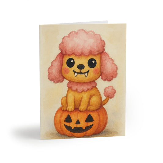 Halloween Poodle Puppy Greeting Card – Cute Puppy Monster on Pumpkin – Spooky Cute Monster Card for Dog Lovers