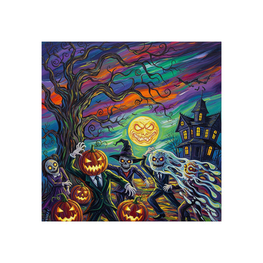 Halloween Pumpkin Head Monsters Fine Art Print – Haunted House Expressionist Wall Art Poster, Spooky Gothic Autumn Decor