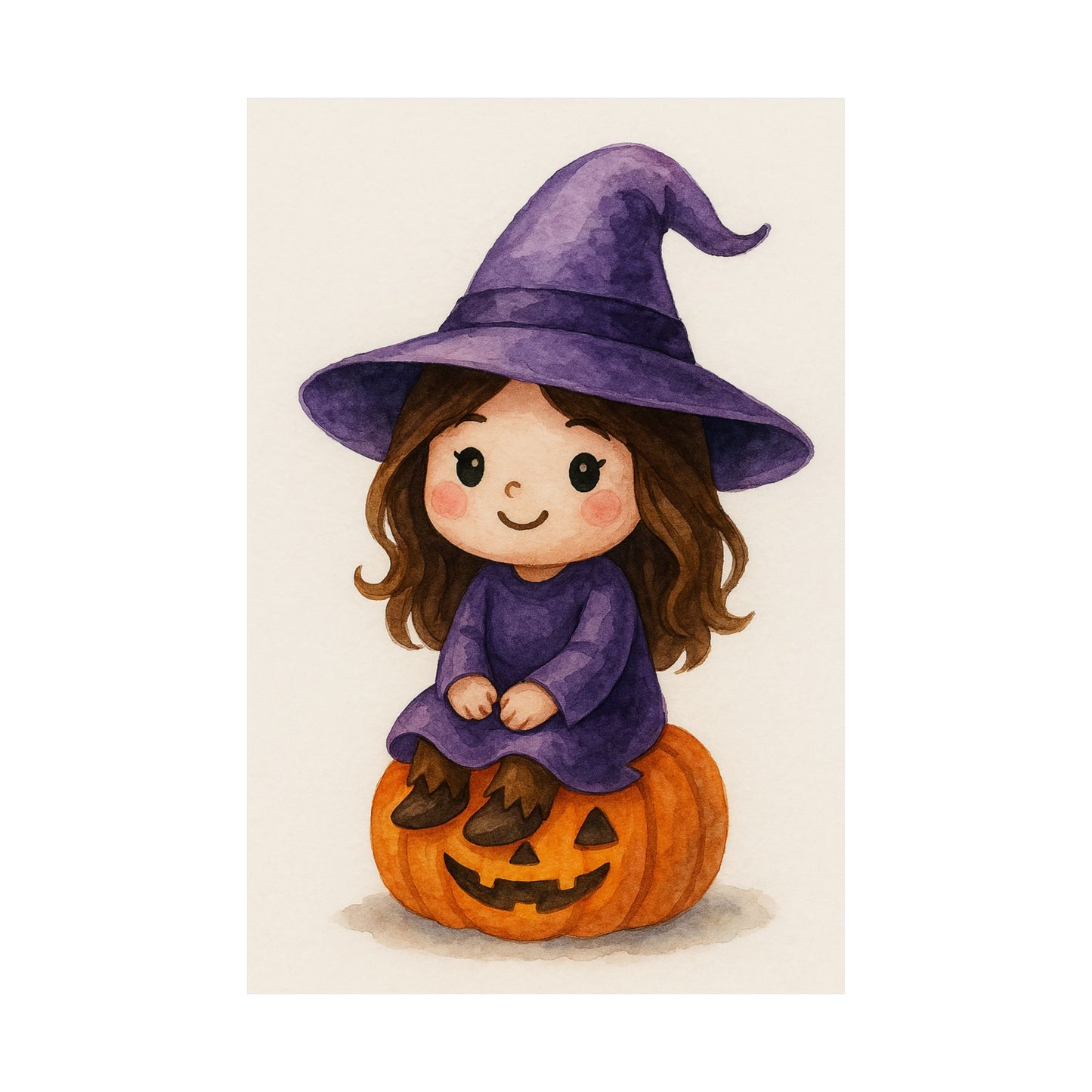 Cute Baby Witch Halloween Wall Art Poster – Watercolor Monster Print on Pumpkin – Whimsical Nursery & Holiday Decor