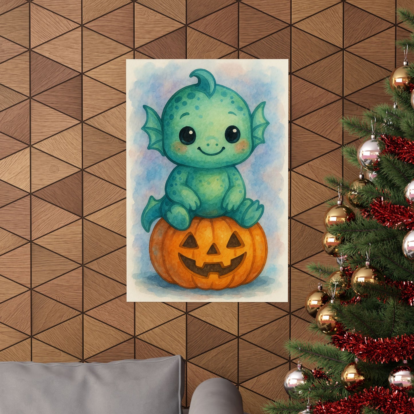 Cute Baby Sea Monster Halloween Wall Art Poster – Watercolor Monster Print on Pumpkin – Whimsical Nursery & Holiday Decor