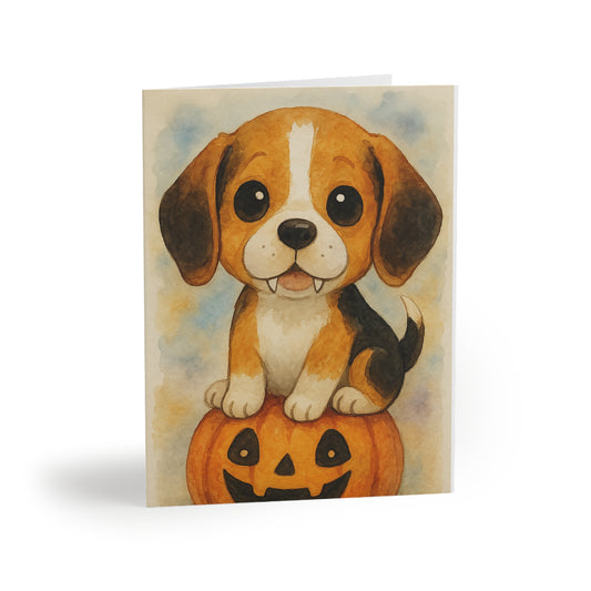 Halloween Beagle Puppy Greeting Card – Cute Puppy Monster on Pumpkin – Spooky Cute Monster Card for Dog Lovers