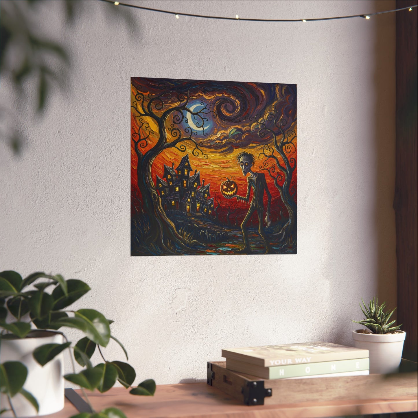 Halloween Haunted House Abstract Expressionist Fine Art Print – Spooky Pumpkin Head Character Wall Art Poster, Gothic Autumn Decor