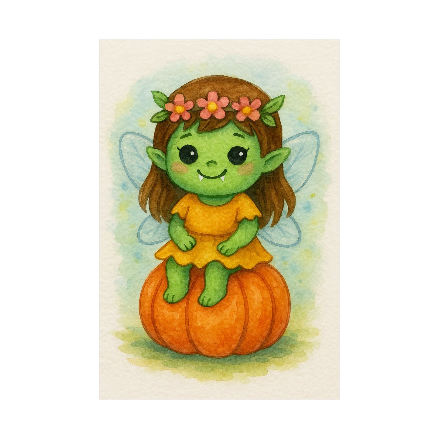 Cute Baby Fairy Monster Halloween Wall Art Poster – Watercolor Monster Print on Pumpkin – Whimsical Nursery & Holiday Decor