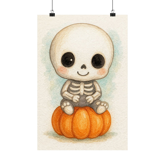 Cute Baby Skeleton Halloween Wall Art Poster – Watercolor Monster Print on Pumpkin – Whimsical Nursery & Holiday Decor