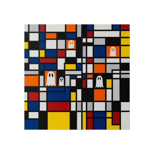 Modern Halloween Ghost Fine Art Print – Mondrian Style Abstract Wall Art Poster, Contemporary Spooky Autumn Decor