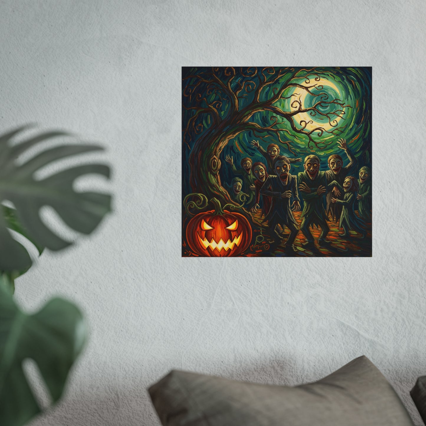 Halloween Zombies Expressionist Fine Art Print – Creepy Pumpkin & Full Moon Wall Art Poster, Spooky Gothic Autumn Decor