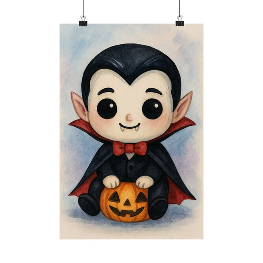 Cute Baby Vampire Halloween Wall Art Poster – Watercolor Monster Print on Pumpkin – Whimsical Nursery & Holiday Decor
