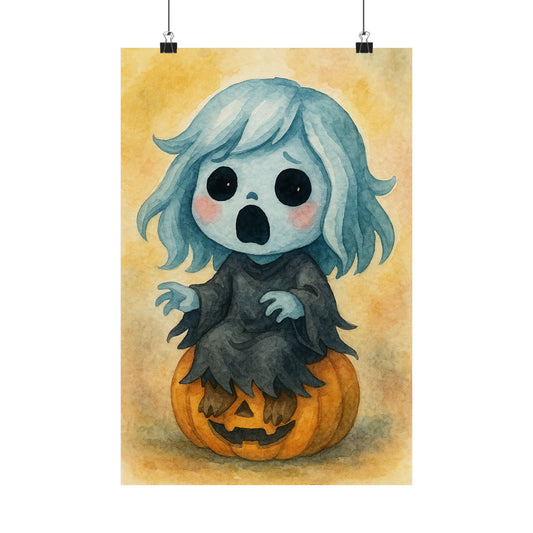 Cute Baby Banshee Monster Halloween Wall Art Poster – Watercolor Baby Monster on Pumpkin – Whimsical Holiday Decor