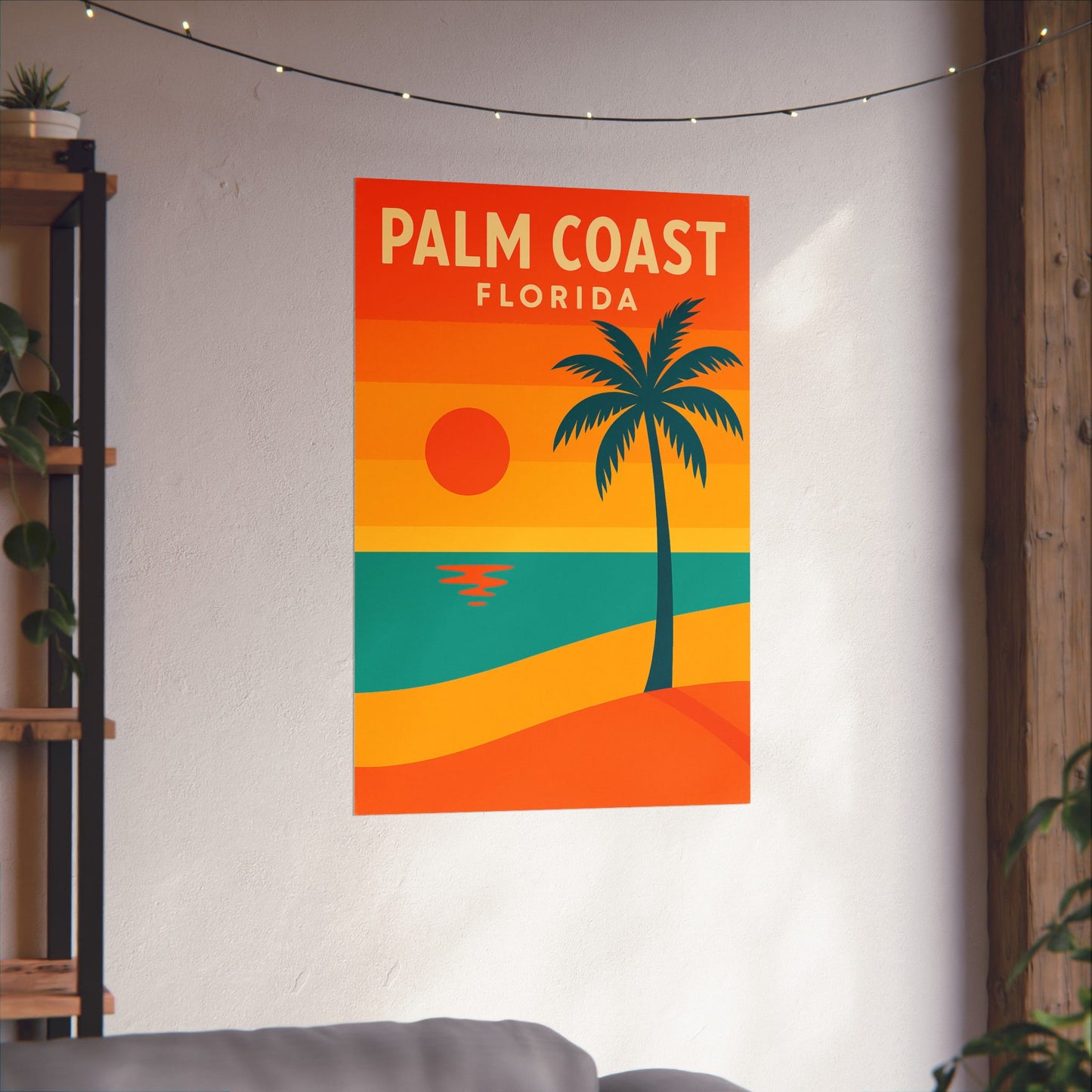 Palm Coast Beach Poster – Retro Travel Print, Tropical Palm Tree & Sunset Wall Art, Coastal Landscape Décor (Various Sizes)