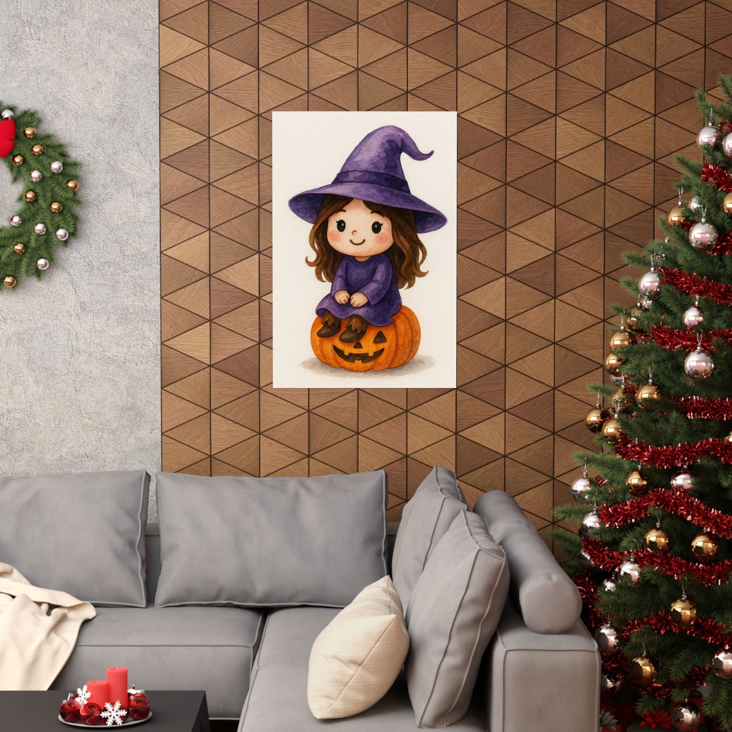 Cute Baby Witch Halloween Wall Art Poster – Watercolor Monster Print on Pumpkin – Whimsical Nursery & Holiday Decor