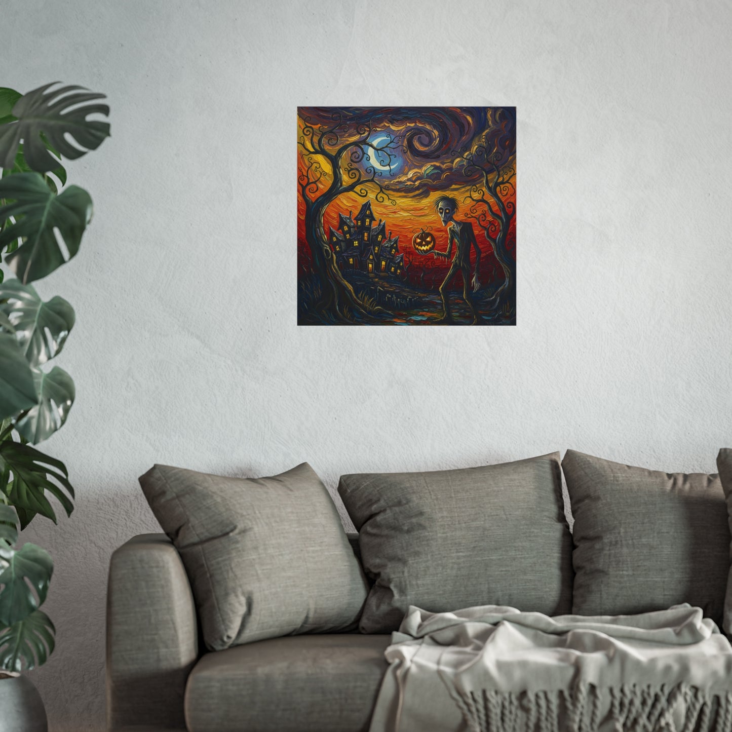 Halloween Haunted House Abstract Expressionist Fine Art Print – Spooky Pumpkin Head Character Wall Art Poster, Gothic Autumn Decor