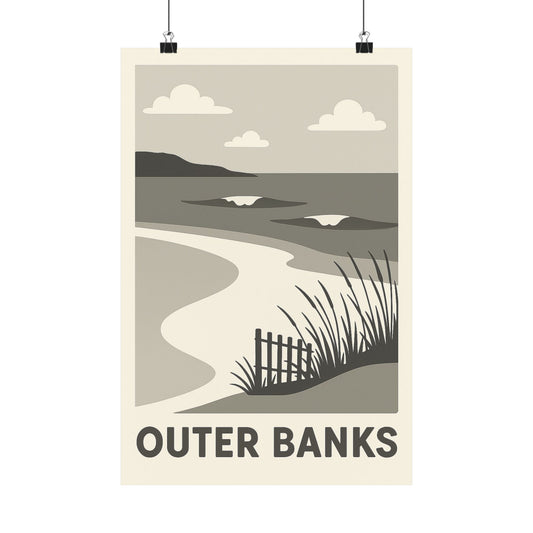 Outer Banks Beach Print – Grey Tones - Retro North Carolina Travel Wall Art, Coastal Lighthouse Print, Vintage Beach Decor