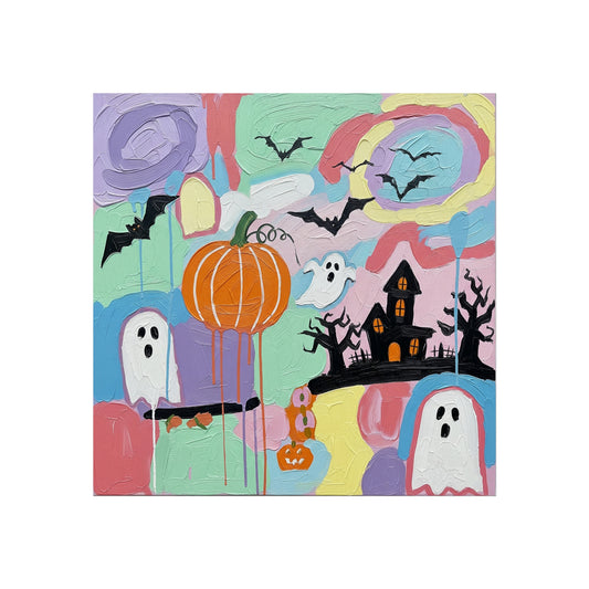 Halloween Pastel Abstract Fine Art Print – Colorful Ghosts, Pumpkin & Haunted House Wall Art Poster, Whimsical Autumn Decor