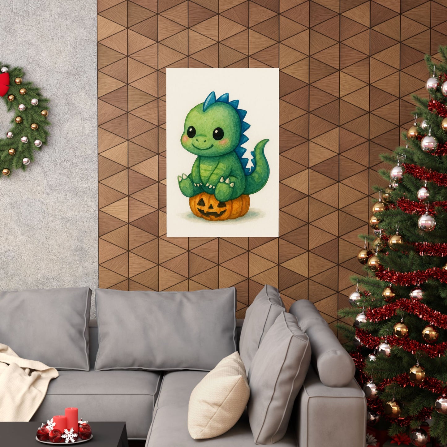 Cute Baby Dinosaur Monster Halloween Wall Art Poster – Watercolor Monster Print on Pumpkin – Whimsical Nursery & Holiday Decor