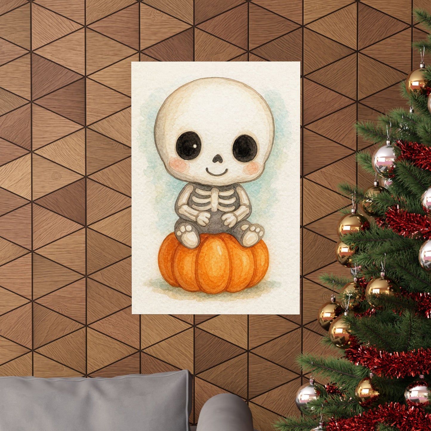 Cute Baby Skeleton Halloween Wall Art Poster – Watercolor Monster Print on Pumpkin – Whimsical Nursery & Holiday Decor