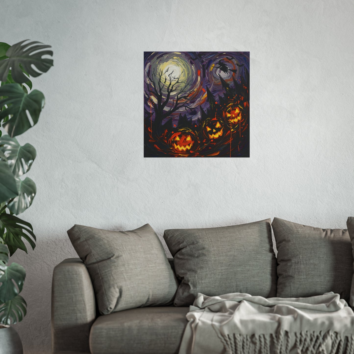 Halloween Pumpkins Fine Art Print – Post-Impressionist Haunted Night Wall Art Poster with Witch & Full Moon