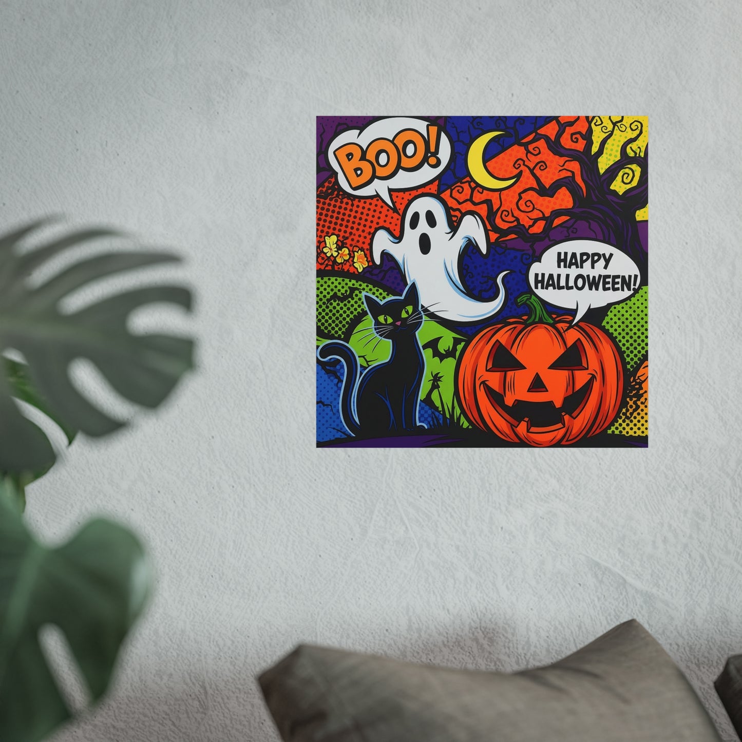 Halloween Pop Art Fine Art Print – Colorful Ghost, Black Cat & Pumpkin Wall Art Poster, Retro Comic Style Spooky Decor