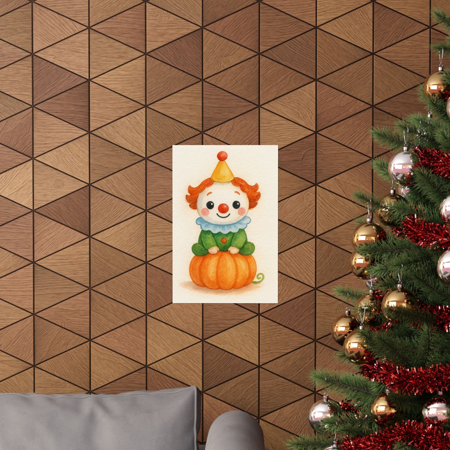 Cute Baby Clown Monster Halloween Wall Art Poster – Watercolor Monster Print on Pumpkin – Whimsical Nursery & Holiday Decor