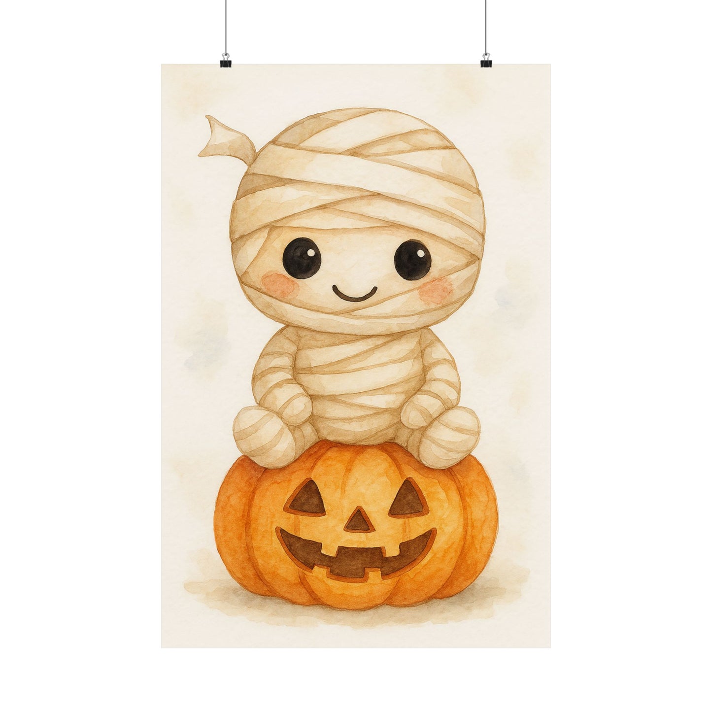 Cute Baby Mummy Monster Halloween Wall Art Poster – Watercolor Monster Print on Pumpkin – Whimsical Nursery & Holiday Decor