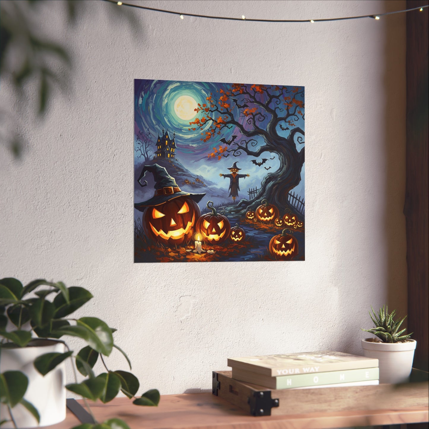 Halloween Pumpkin Patch Fine Art Print – Haunted House & Scarecrow Night Scene Wall Art Poster, Painterly Gothic Autumn Decor