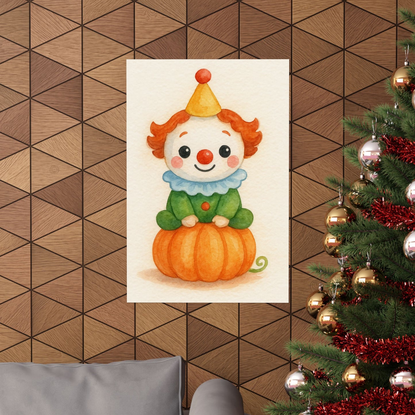 Cute Baby Clown Monster Halloween Wall Art Poster – Watercolor Monster Print on Pumpkin – Whimsical Nursery & Holiday Decor