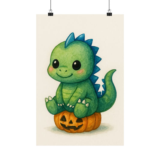 Cute Baby Dinosaur Monster Halloween Wall Art Poster – Watercolor Monster Print on Pumpkin – Whimsical Nursery & Holiday Decor