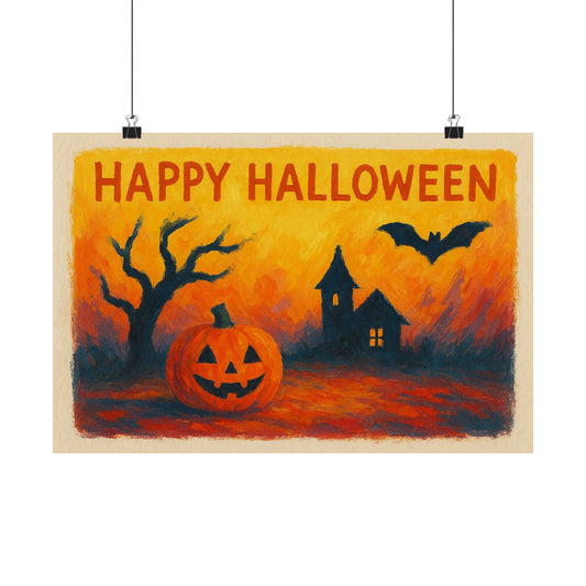 Happy Halloween Pumpkin, Bat, & Spooky House Poster – Spooky Wall Art, Halloween Spirit Decoration, Autumn Home Decor
