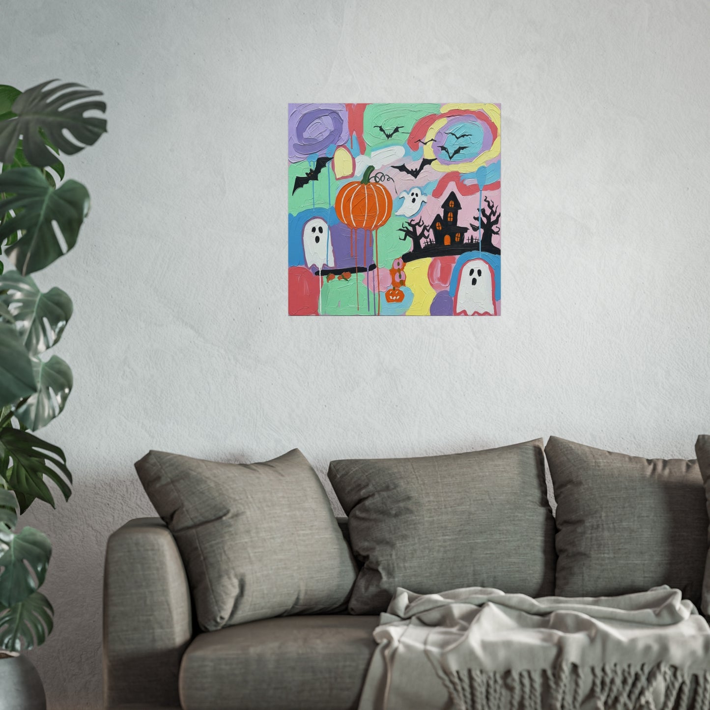 Halloween Pastel Abstract Fine Art Print – Colorful Ghosts, Pumpkin & Haunted House Wall Art Poster, Whimsical Autumn Decor