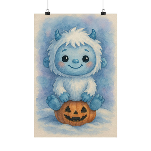 Cute Baby Yeti Halloween Wall Art Poster – Watercolor Monster Print on Pumpkin – Whimsical Nursery & Holiday Decor