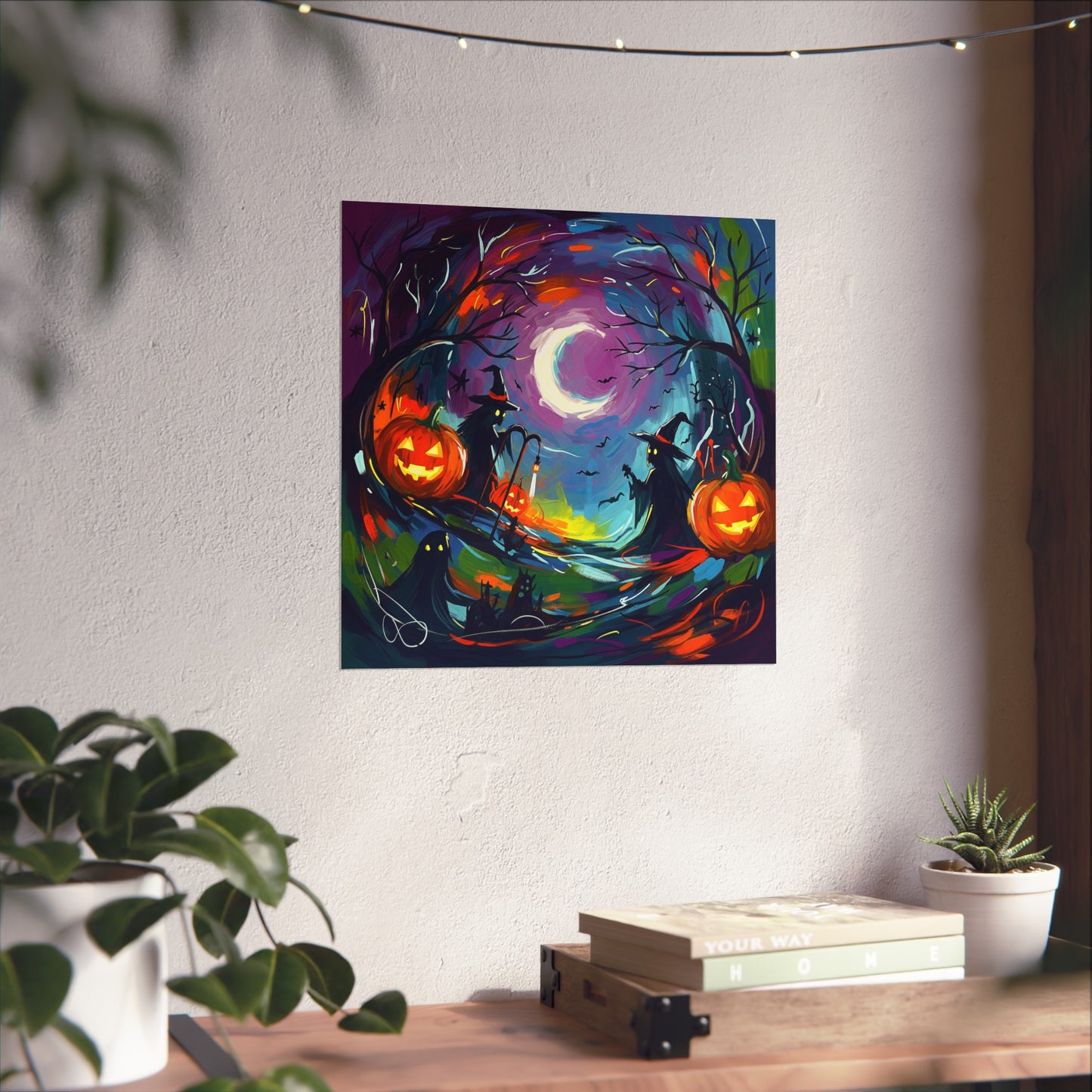 Halloween Abstract Fine Art Poster – Colorful Witch, Ghost & Pumpkin Wall Décor in Painterly Style