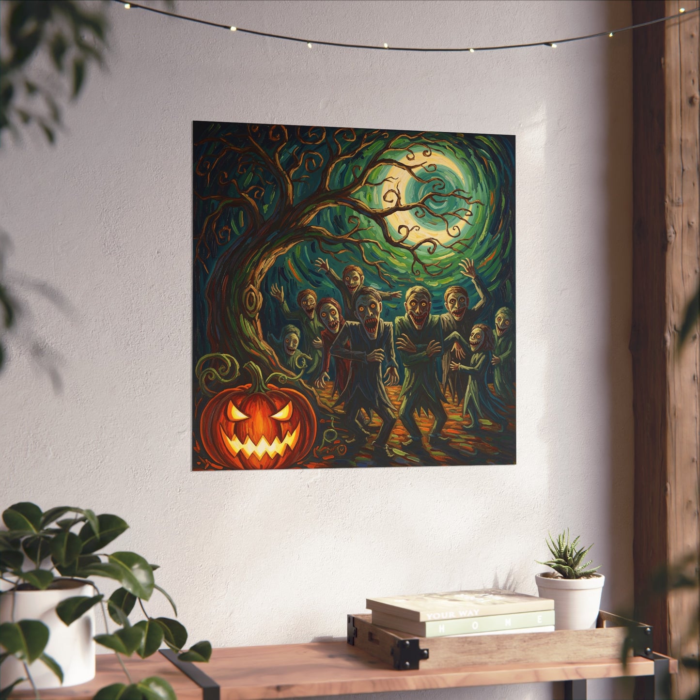 Halloween Zombies Expressionist Fine Art Print – Creepy Pumpkin & Full Moon Wall Art Poster, Spooky Gothic Autumn Decor