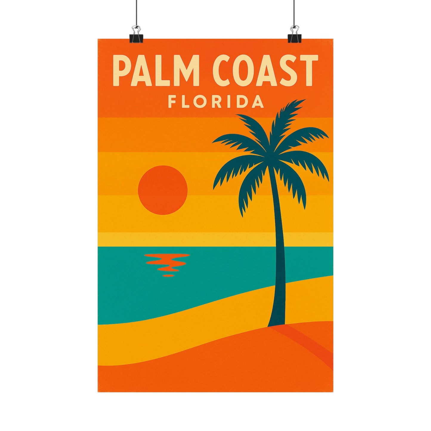 Palm Coast Beach Poster – Retro Travel Print, Tropical Palm Tree & Sunset Wall Art, Coastal Landscape Décor (Various Sizes)